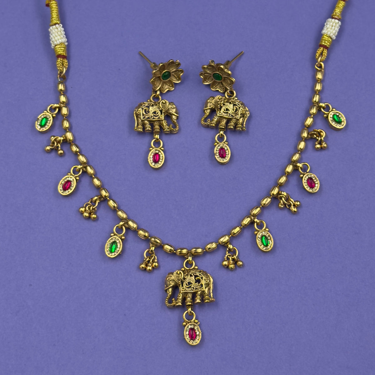 Devanshi green and ruby South Indian temple necklace set with matching earrings