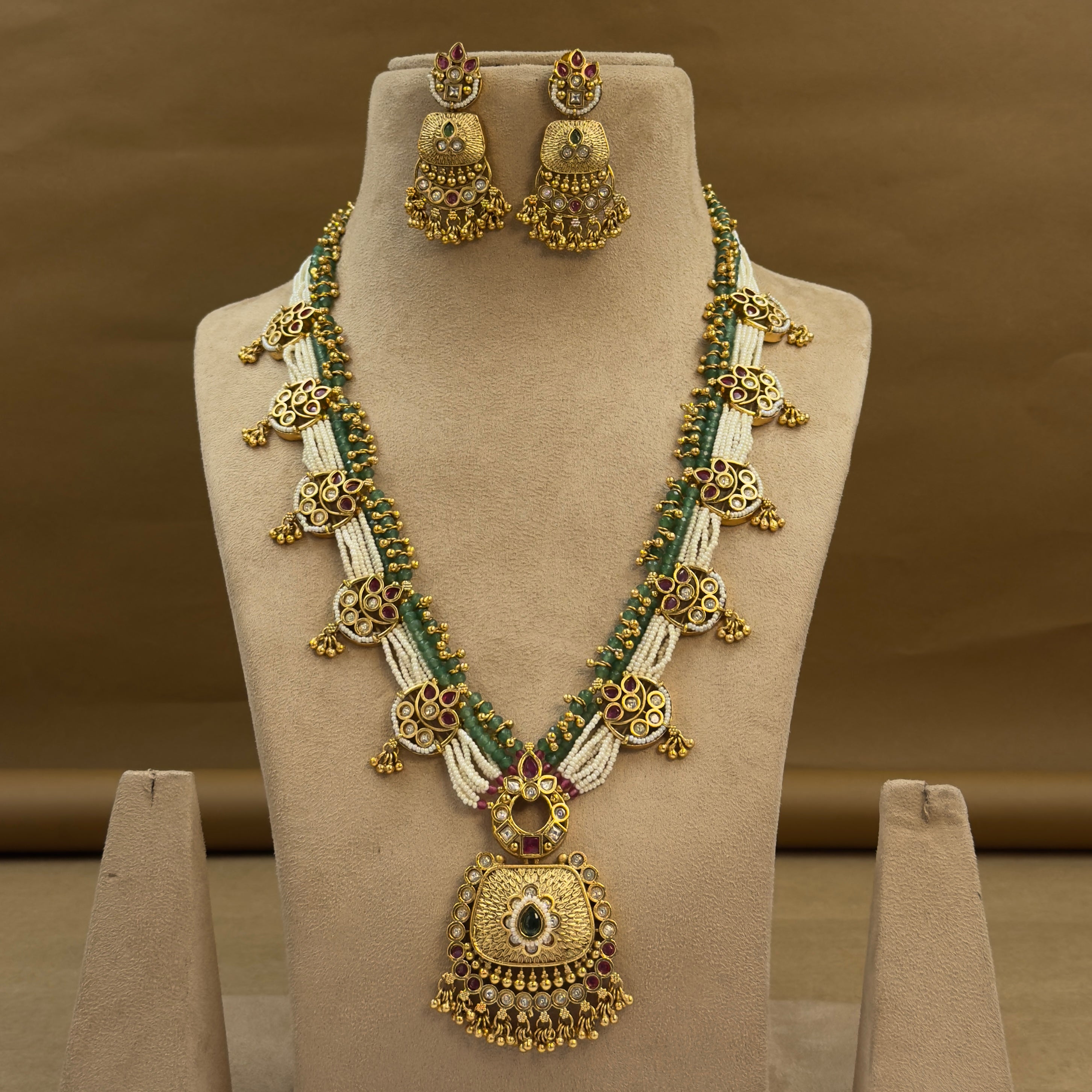 Ananya Mint Rajwadi Long Necklace Set for Bridal Wear