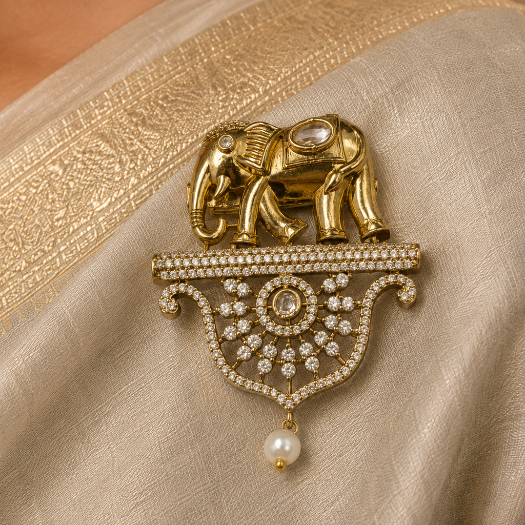 Kalindi Gold Elephant Saree Brooch