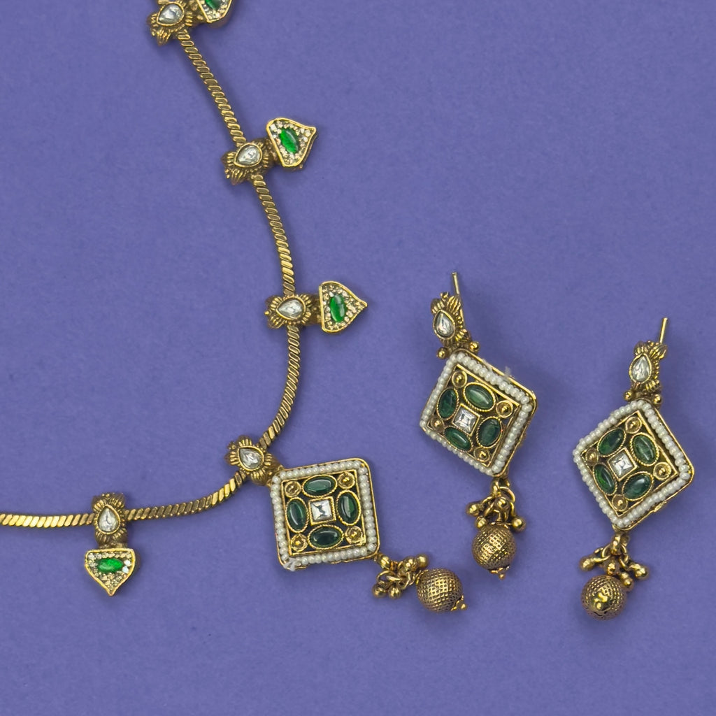 Girija emerald green antique necklace set with matching earrings
