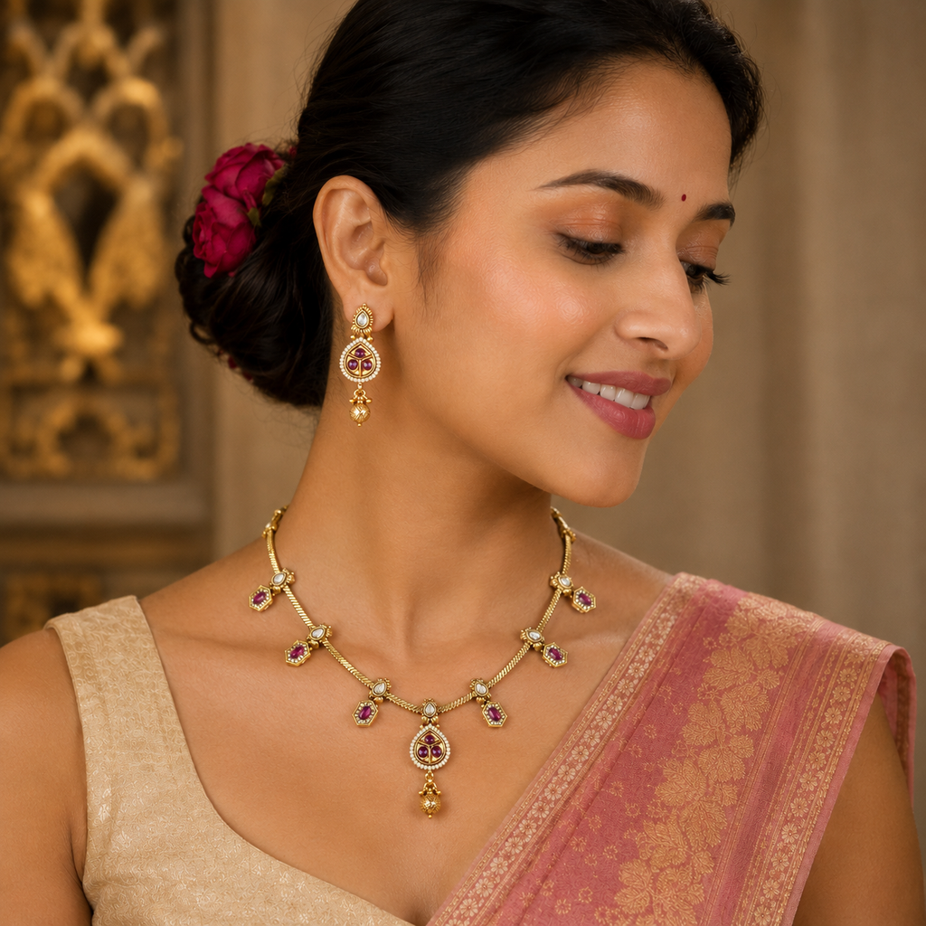 Riddhi Rani Pink Antique Necklace Set for Daily and Festive Wear