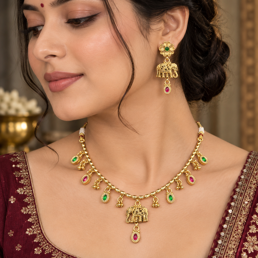 Devanshi green and ruby South Indian temple necklace set with matching earrings