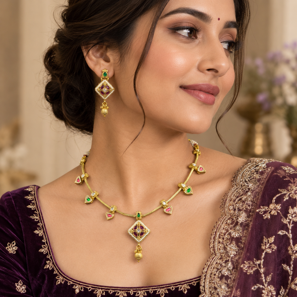 Ellora green and ruby multicolor antique necklace set with matching earrings